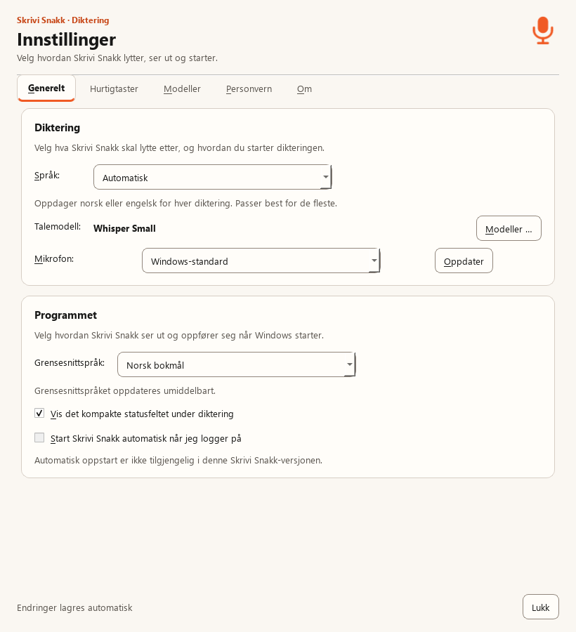 Innstillinger i Snakk